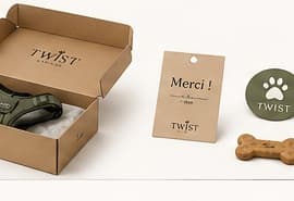 Boîte kraft, carte Merci et harnais Maison Cocker